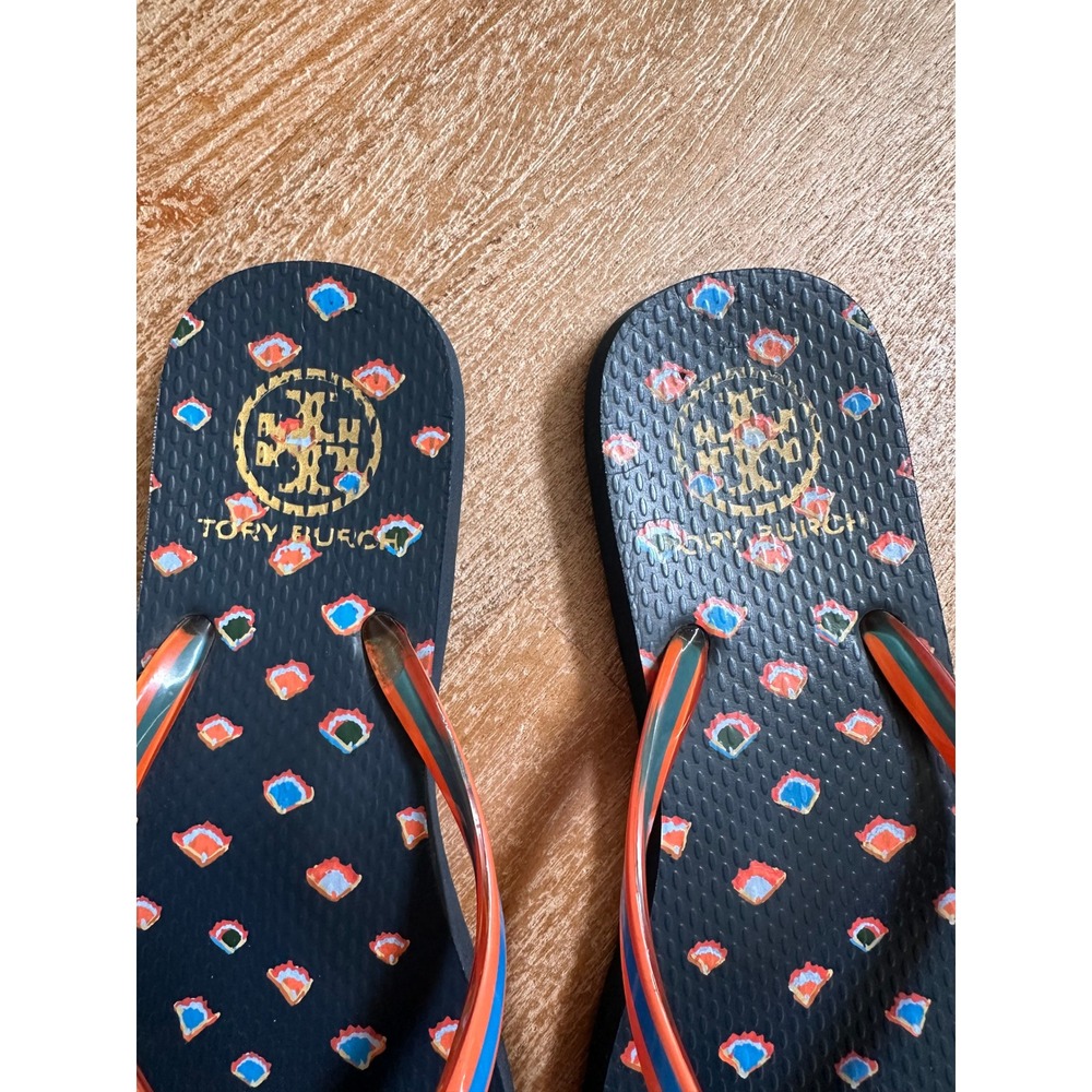 Tory Burch Flip Flops Women Orange Blue Pattern Logo Sandals Size - Picture 4 of 6